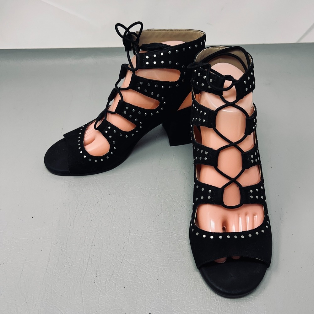 Vince‎ Camuto Womens Studded Gladiator Sandals 8.5 Black Chunky Lace Up Strappy